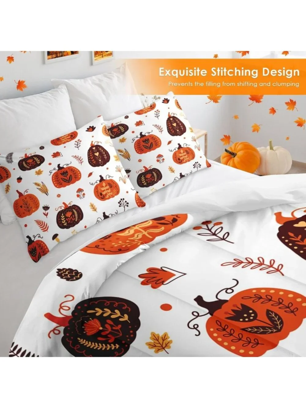 Cozy Autumn Pumpkins King Comforter Set - 3 Piece Fall Bedding Collection